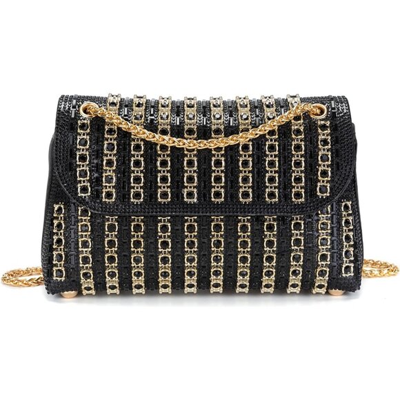 ⚡Women's Sparkly Rhinestones Chain Shoulder Cocktail Black Clutch Party Prom Bag - Picture 1 of 6